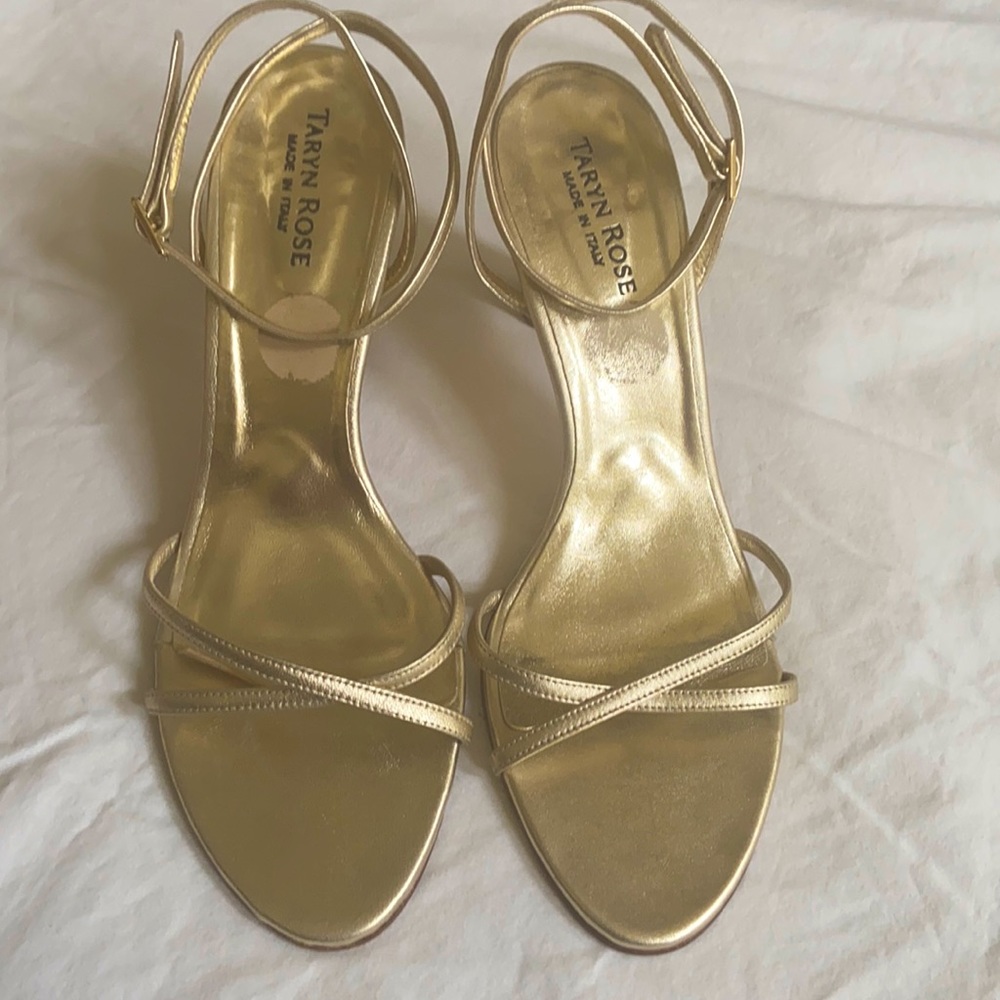 Taryn Rose all leather gold evening sandals.